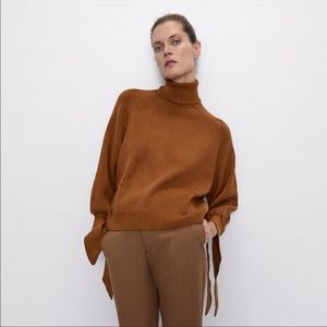 ZARA KNIT BROWN SWEATER WITH TIE CUFFS - small, worn once